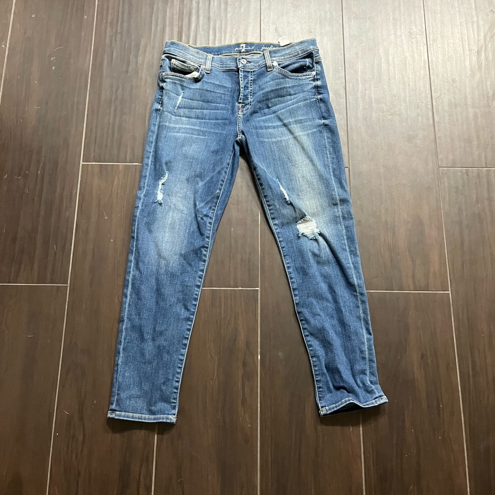 7 For All Mankind Distressed Slim Straight Blue Jeans